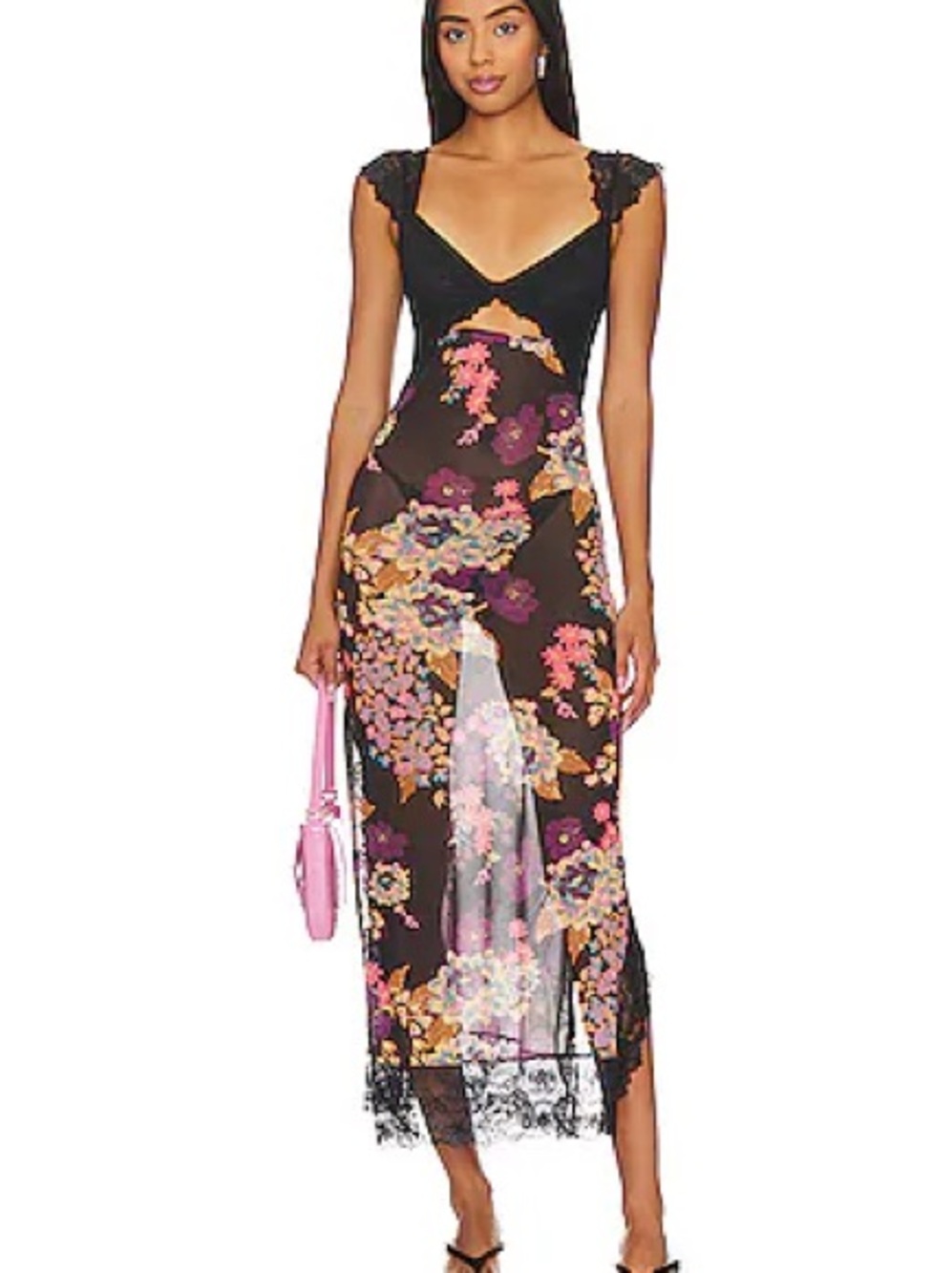 Free People Black Floral Lace-Trim Midi Dress with Pink & Purple Blossoms